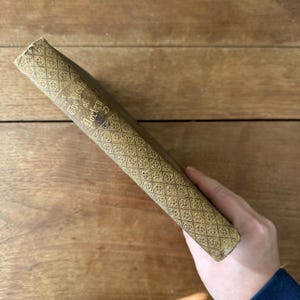 May include: A vintage book titled "The Worth of Poetry" with a decorative gold pattern on the cover. The book's spine and cover are a faded brown color. The book is held at an angle.
