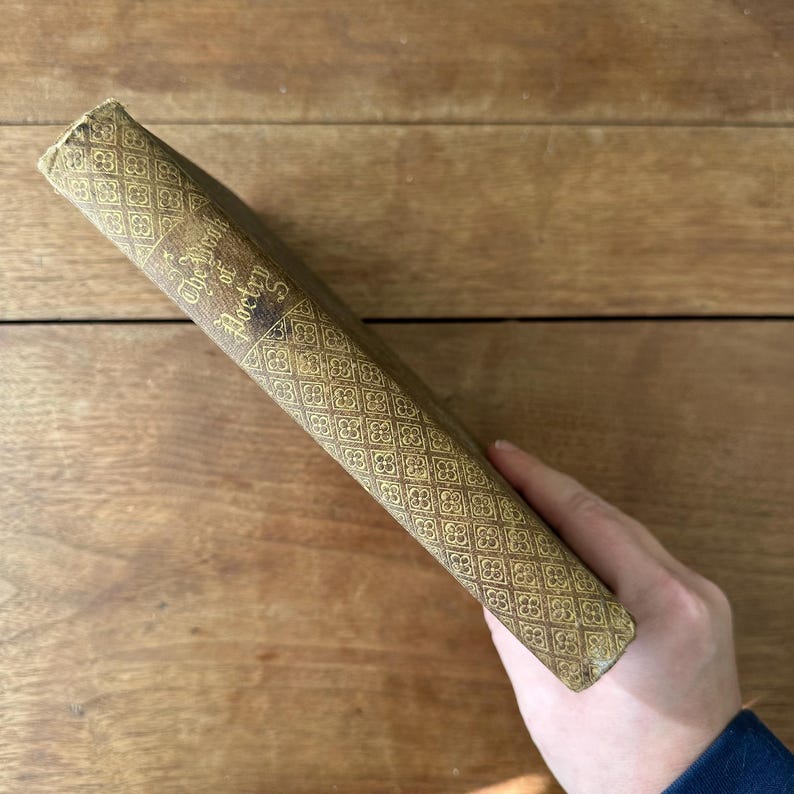 May include: A vintage book titled "The Worth of Poetry" with a decorative gold pattern on the cover. The book's spine and cover are a faded brown color. The book is held at an angle.