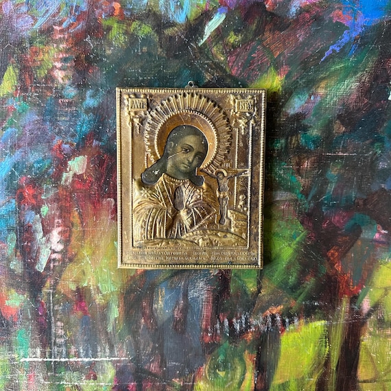 Russian Engraved Brass Icon Theotokos (Mother of God) with Jesus