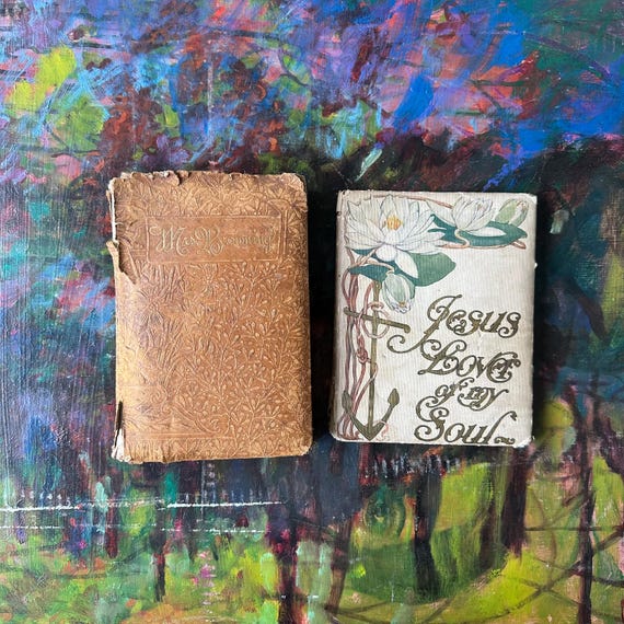 Shabby Chic Antique Poetry Book Set Leather Bound Poetical Works Mrs. Browning (1886) & Sentimental Jesus Lover of my Soul (1909)