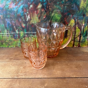 Jeannette Glass Pink Windsor Diamond Pitcher & Glasses Vintage Set