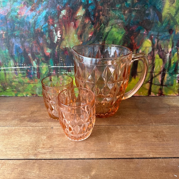 Jeannette Glass Pink Windsor Diamond Pitcher & Glasses Vintage Set