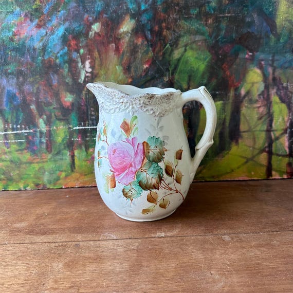 Ironstone Pitcher with Handpainted Flowers Vintage