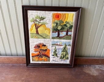 Four Seasons Crewel Needlepoint Vintage Framed