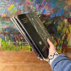 May include: A stack of vintage books with black covers and gold lettering. The books are held in front of a colorful abstract painting. The spines of the books are visible, with text in Italian. The books appear to be well-worn.