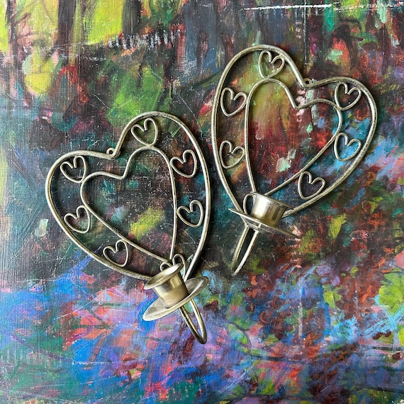 Brass Heart Shaped Sconce Set Vintage Candleholders