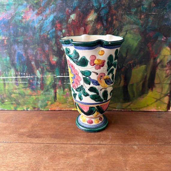 Italian Majolica Sgraffito Style Pottery Vase Birds & Flowers