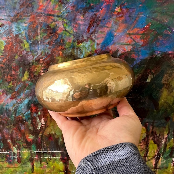 Vintage Hammered Brass Low Vase / Planter
