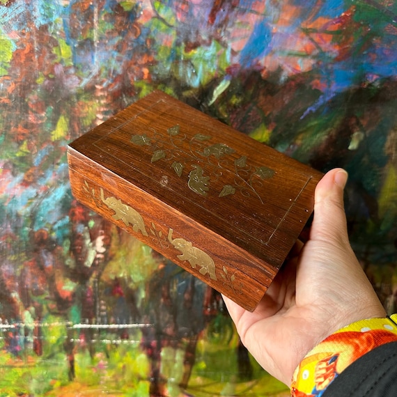 Brass Elephants Inlay Teak Wood Trinket Box Vintage