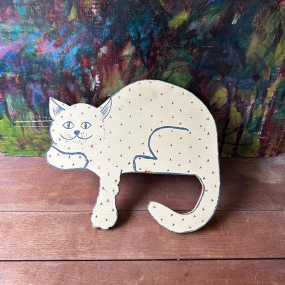 Wood Shelf Cat Vintage Hand-Painted Folk Art