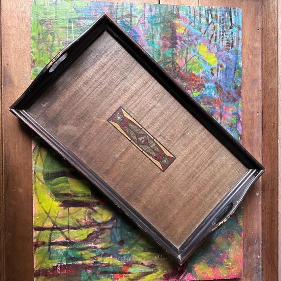 Glass Covered Wood Serving Tray with Art Deco Inlay