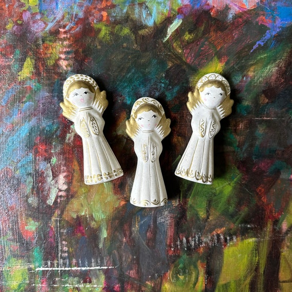 Bisque Pottery Angels Set Vintage Hand Painted White & Gold