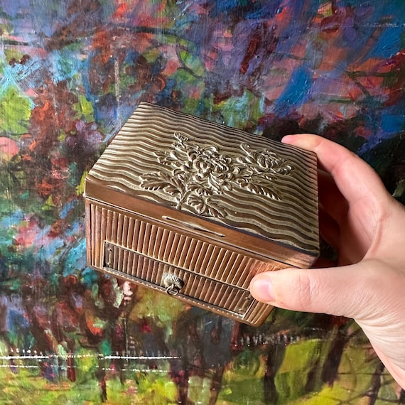 Silver Plated Jewelry Box Vintage w/ Chrysanthemums and Drawer