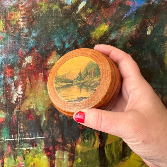 Small Round Wood Trinket Box with Country Cottage Lid