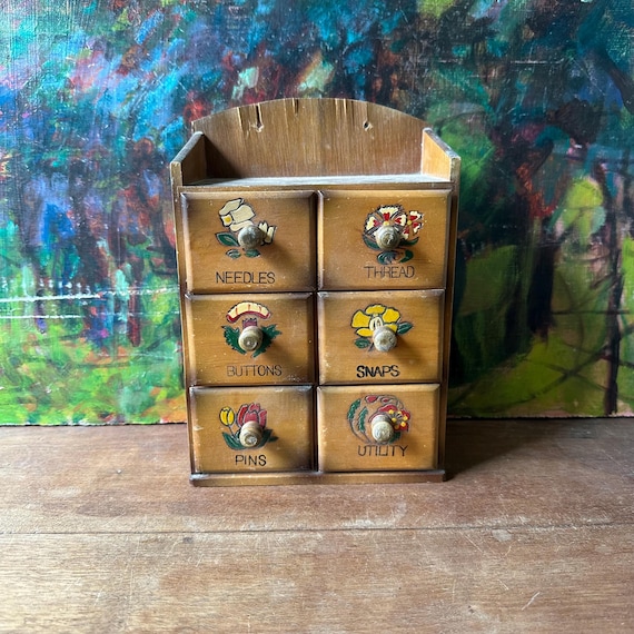 Wood Sewing Notions Cabinet with Flower Drawers Vintage