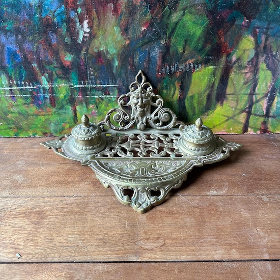 Ornate Brass Face Double Inkwell Vintage