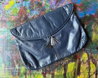 Blue Leather Envelope Style Clutch with Tassels
