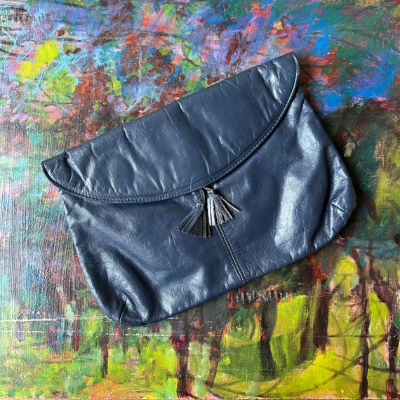 Blue Leather Envelope Style Clutch with Tassels