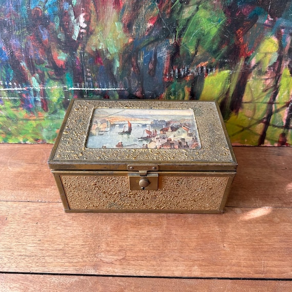 Whitby Harbor Scene Gold Box with Heart Mirror