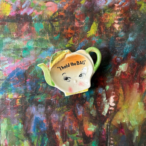 I Hold The BAG Ceramic Teapot Tea Bag Holder Vintage Made in Japan