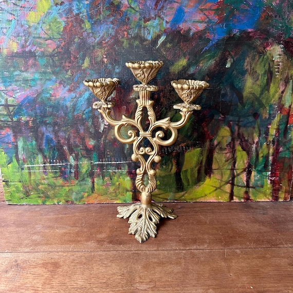Brass Three-Arm Ornate Candelabra with Leaf Base