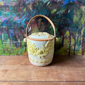 Ceramic Sunflowers Biscuit Jar with Rattan Handle Vintage Made in Japan
