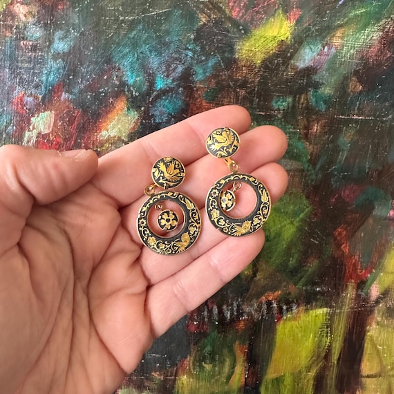 Damascene Birds & Flowers Dangle Hoop Earrings