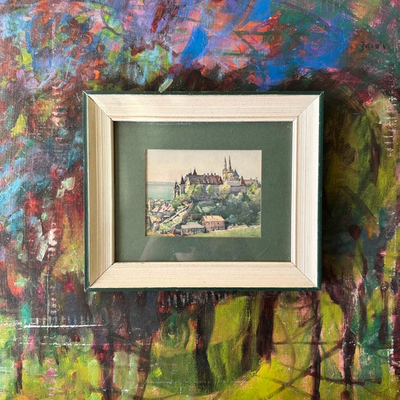 Framed Watercolor Castle Print Signed Marc