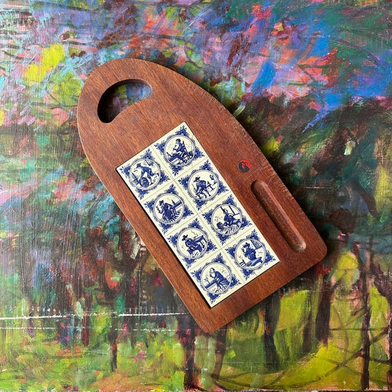 Teak Wood Cheese Board with Delft Tile Inset Vintage