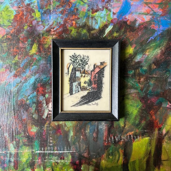 Nesa Treibitz Village Scene Etched & Painted Bakelite Tile