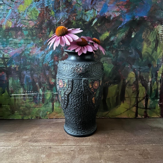Black Tokanabe Vase w/ Red & Yellow Flowers Butterflies Vintage Made in Japan Art Deco Urn Style