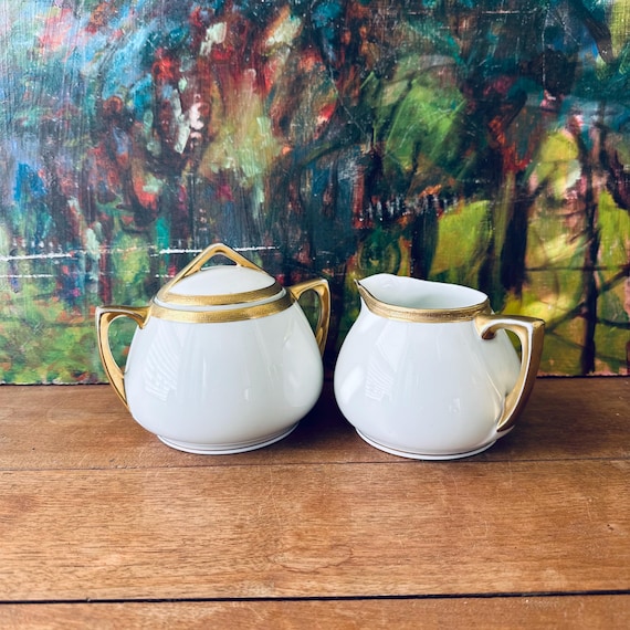 Antique O. & E.G. Royal Austria Bone China White with Gold Cream and Sugar Bowl Set