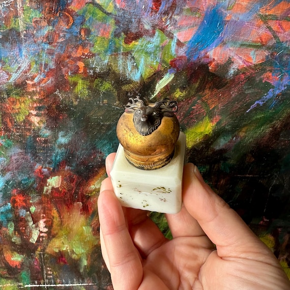 Stag Head EAPG Painted Inkwell or Perfume Bottle