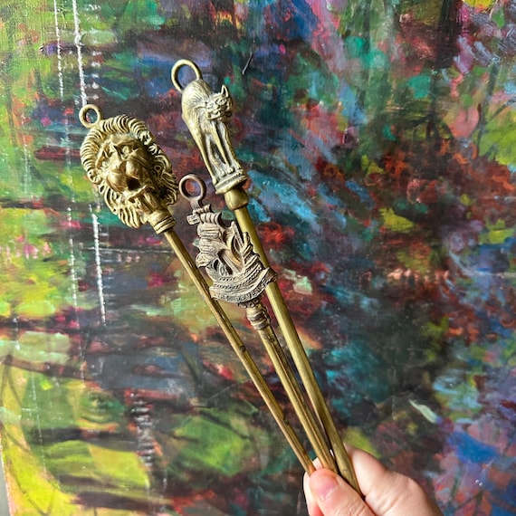 Decorative Brass Tools Vintage Set of 2 Shoe Horns & 1 Hearth Fork - Lion / Cat / Ship