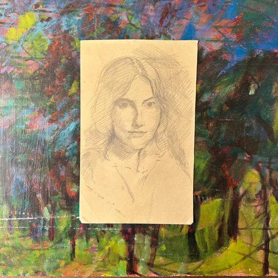 Vintage 1970s Pencil Portrait with Nude Study on Reverse