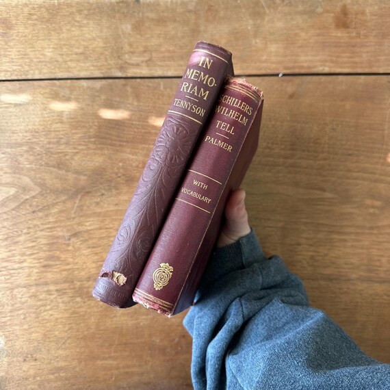 Red & Gold Antique Book Set 1898 German Language Schillers Wilhelm Tell / 1900s Tennyson In Memoriam