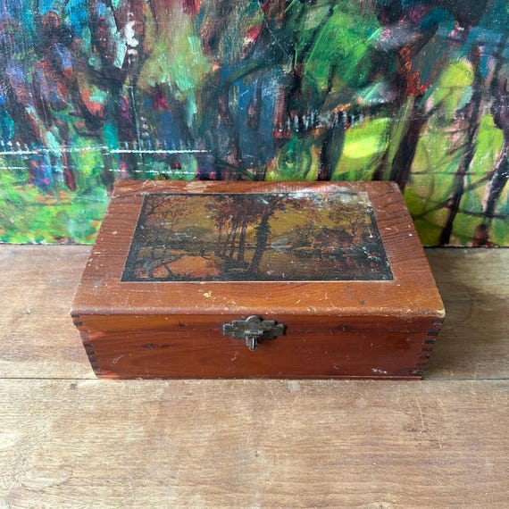 Cottage Print Wood Box with Hinged Lid