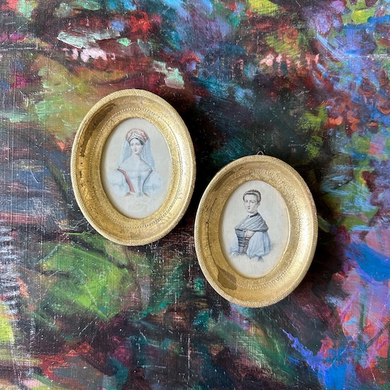 Miniature French or Florentine Portraits Vintage Set of 2