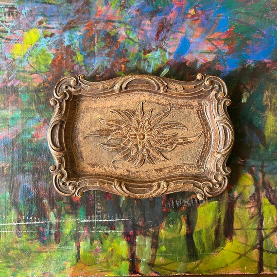 Brown Rose Faux Wood Decorative Tray Vintage