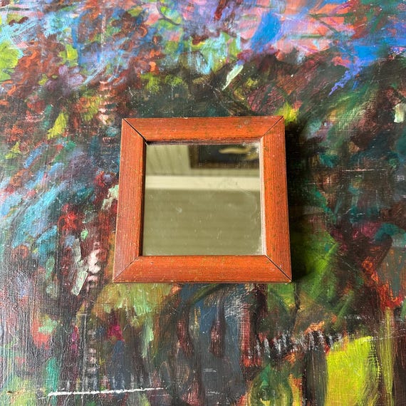 Small Red Wood Square Mirror Vintage