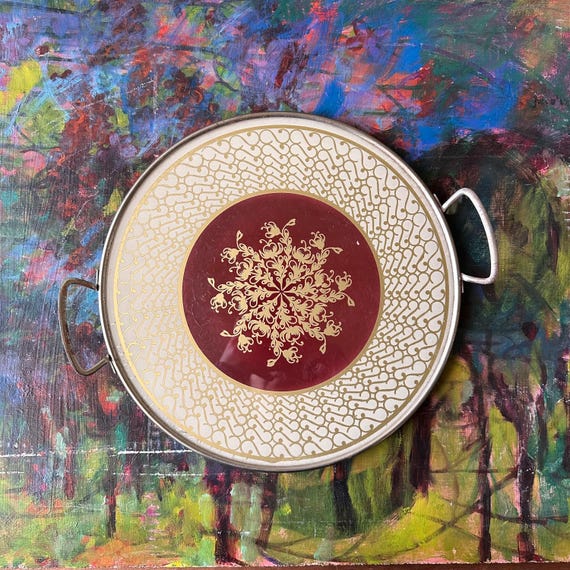 Round Red & Gold Cake Plate Tray with Handles