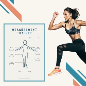 May include: A fitness-themed image featuring a woman in athletic wear running. A measurement tracker chart is on the left, with areas to record body measurements. The chart includes a diagram of a person with labeled areas for chest, hips, calf, arm, waist, and thigh.