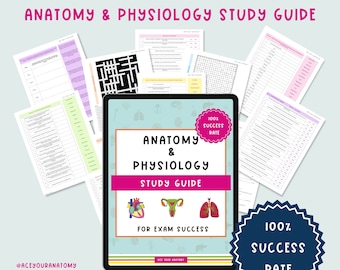 Può includere: Guida allo studio di anatomia e fisiologia con il testo "100% Tasso di successo". La guida è visualizzata su un tablet circondato da fogli di studio. La copertina della guida presenta illustrazioni anatomiche e il testo "Per il successo dell'esame".