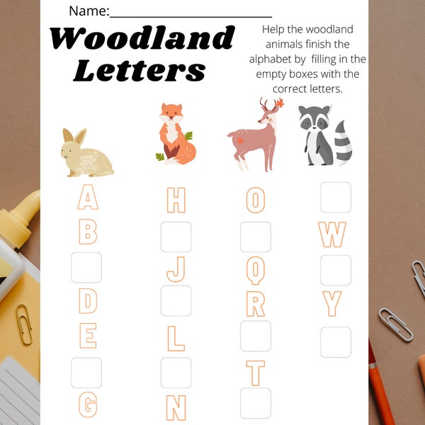 Woodland Letters Worksheet, Alphabet, Fill in the Missing Letters, Fun, Fall Theme, Kindergarten, Digital Download