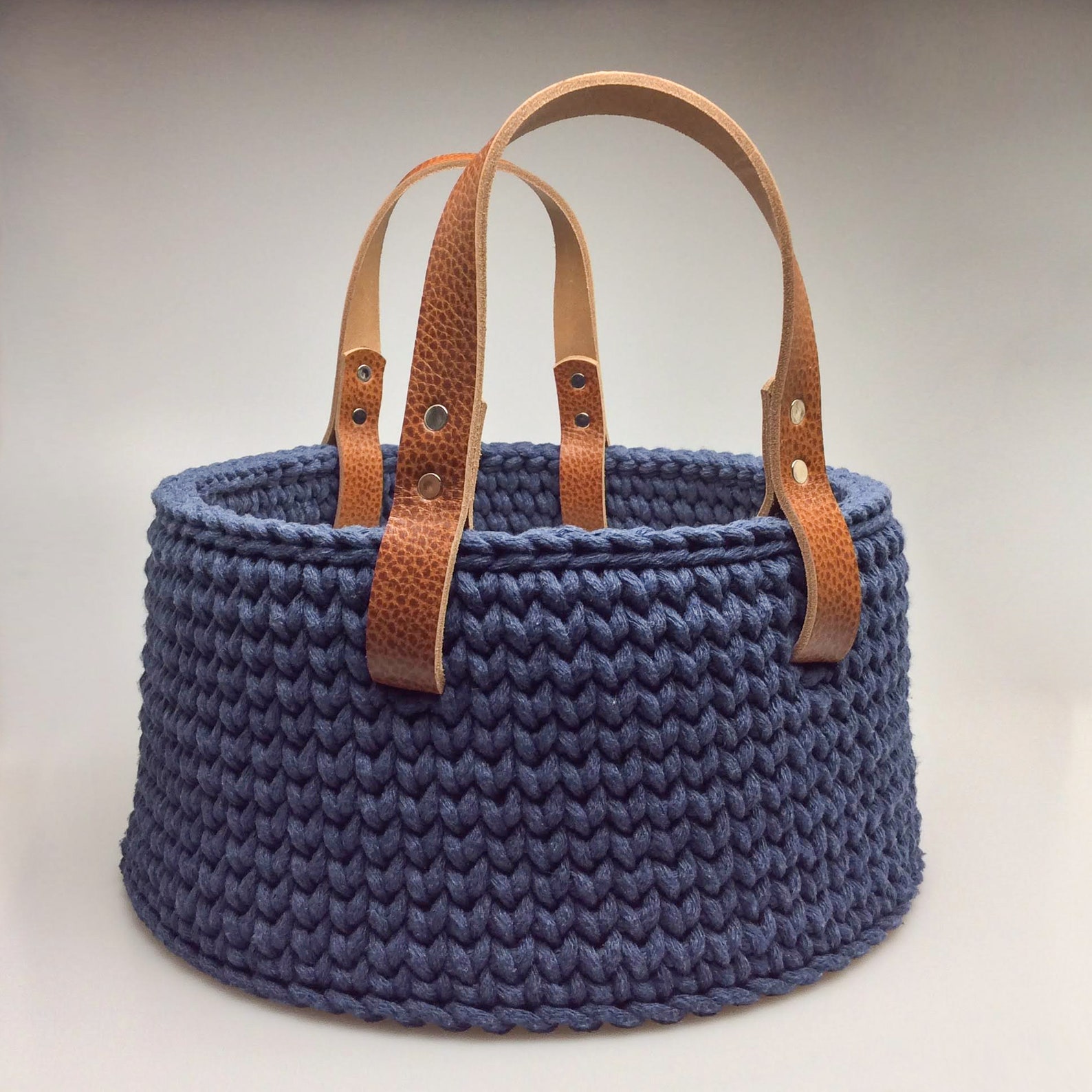 Round Handmade Blue Crochet Basket with Leather Handles and Etsy