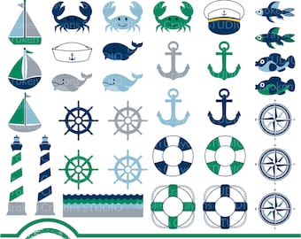 Nautical Clipart Set Commercial Use, Sea Clipart, Sailboat Clipart, Fish Digital Download