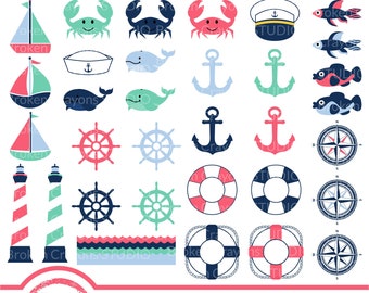 Nautical Clipart Set Commercial Use, Sea Clipart, Sailboat Clipart, Marine Digital Download