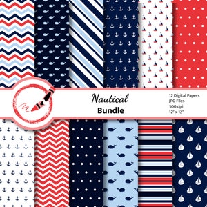 Nautical Digital Paper Commercial Use, Navy and Red Background, Sea Background red blue chevron polka dot whale sailboat anchor