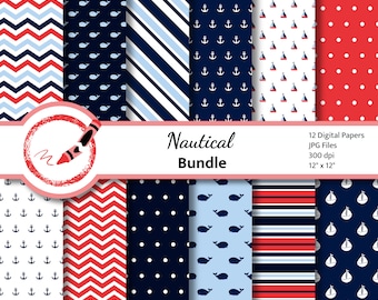Nautical Digital Paper Commercial Use, Navy and Red Background, Sea Background red blue chevron polka dot whale sailboat anchor