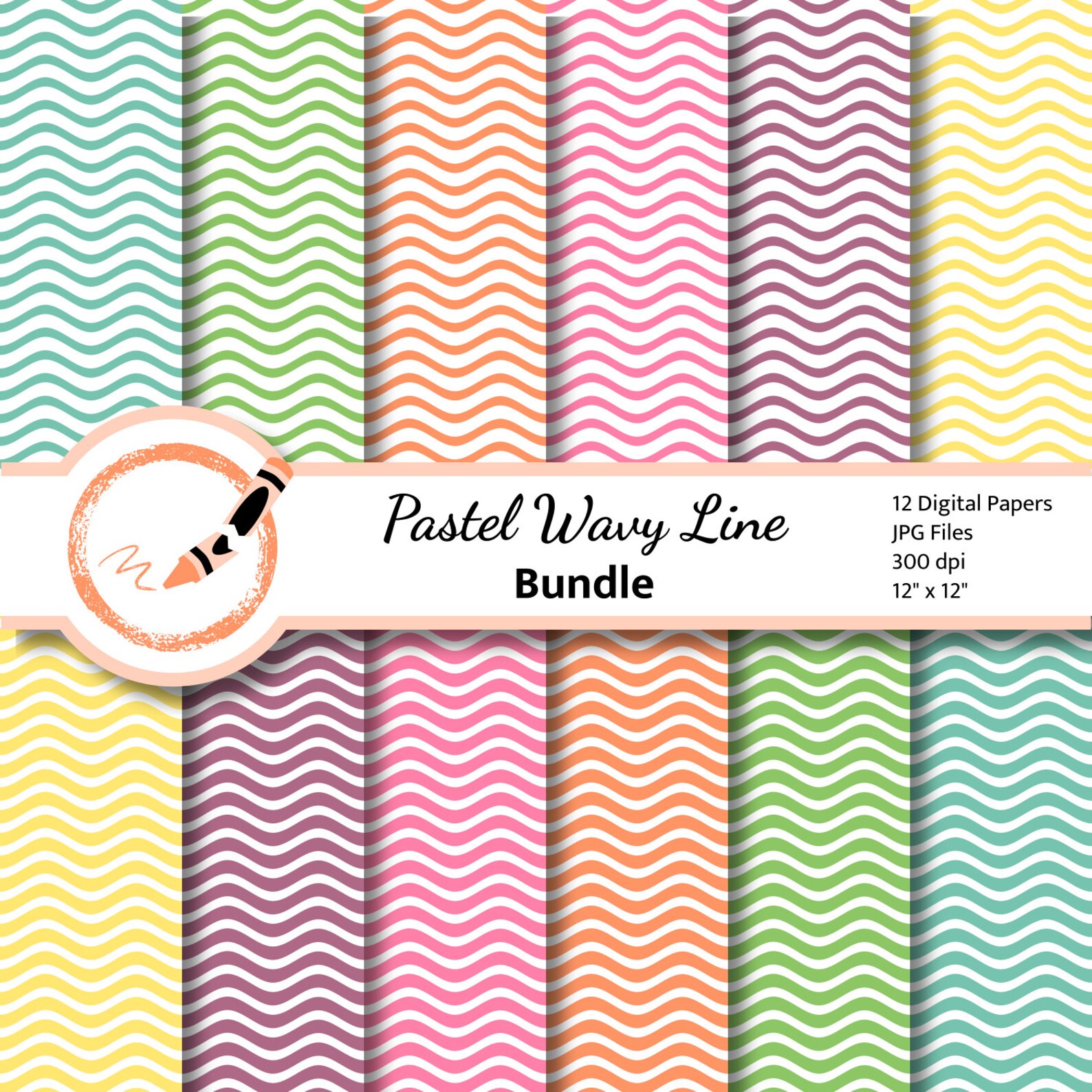 Pastel Wavy Line Digital Paper, Wavy Lines Scrapbook Paper, Wavy